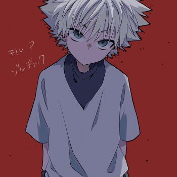 1boy closed_mouth highres hunter_x_hunter killua_zoldyck male_focus red_background shirt short_hair solo sup_(wwwsupwww) upper_body