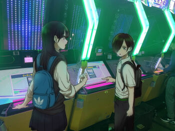 1boy 1girl arcade_cabinet backpack bag black_hair black_pants blue_skirt boku_no_kokoro_no_yabai_yatsu clenched_hand collared_shirt highres ichikawa_kyoutarou indoors long_hair looking_at_another narumi_(62rimi) open_mouth pants photo_background pleated_skirt pointing purple_sweater_vest ringed_eyes school_uniform shirt short_hair skirt standing sweater_vest white_shirt yamada_anna