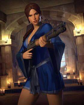 1girl absurdres bare_legs bathhouse bathroom bathtub blue_robe braid breasts brown_eyes brown_hair candle candlelight candlestand collarbone commentary dalejomej english_commentary facing_to_the_side furrowed_brow gun highres holding holding_weapon indoors lamp lara_croft lips looking_at_viewer parted_bangs pump_action realistic robe scowl shotgun signature single_braid solo solo_focus tile_floor tiles tomb_raider towel trigger_discipline upper_body weapon window