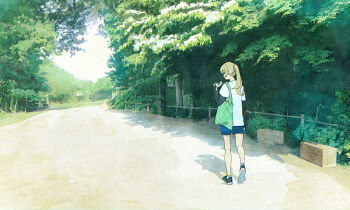 1girl arm_at_side bag black_eyes black_shirt black_shoes blonde_hair blue_shorts bush cellphone day hair_tie hand_up holding holding_phone layered_sleeves long_hair long_sleeves looking_at_phone outdoors path phone plant ponytail profile road sazanami_no_shoujo-tachi scenery shadow shirt shoe_soles shoes short_over_long_sleeves short_sleeves shorts smartphone solo soma_michiko sunlight t-shirt toratani_rin tree walking white_shirt wide_shot