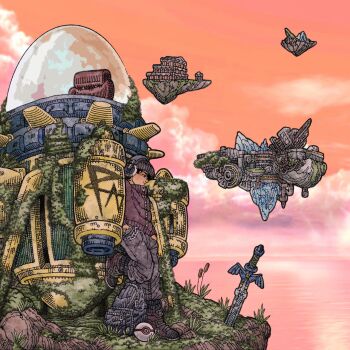 Rule 34 | 1other, bag, black hair, chain, chloe.obj, cloud, copyright request, dragon ball, dragonball z, final destination (smash bros), floating island, grass, hands in pockets, hat, highres, horizon, jacket, master sword, moss, nintendo, original, poke ball, pokemon, premier ball, seat, smile, solo, super smash bros., the legend of zelda, zipper, zipper pull tab