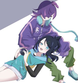 2girls black_hair blue_eyes blue_hair blush closed_mouth cowlick dot_(pokemon) eyelashes hair_ornament hair_over_one_eye hairclip headphones headphones_around_neck highres holding holding_tera_orb hood hooded_vest hoodie jacket liko_(pokemon) long_hair long_sleeves multicolored_hair multiple_girls nintendo open_mouth pink_hair pokemon pokemon_(anime) pokemon_horizons purple_eyes purple_hair seiun_(hoshigumo_72) shirt shorts sleeveless smile tera_orb two-tone_hair vest