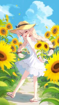 1girl arms_behind_back bare_shoulders black_bow black_ribbon blunt_bangs blurry blurry_foreground blush bow bracelet braid choker cloud collar dress falling_petals field flower flower_field from_behind full_body grey_hair hair_ribbon half-closed_eyes hat hat_bow highres holding holding_flower jewelry lace_trim long_hair looking_at_viewer looking_back low_twin_braids makaino_ririmu makaino_ririmu_(3rd_costume) multicolored_hair nijisanji no_socks open_mouth outdoors petals platform_sandals pointy_ears red_collar red_eyes red_hair ribbon ruaruayana sandals shade sidelocks sky sleeveless sleeveless_dress smile solo standing standing_on_one_leg straw_hat streaked_hair sundress sunflower sunflower_field twin_braids virtual_youtuber white_dress wind
