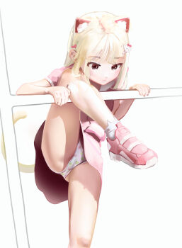1girl absurdres animal_ear_fluff animal_ears blonde_hair bow cat_ears cat_girl cat_tail character_hair_ornament expressionless female_focus hair_ornament hello_kitty hello_kitty_(character) highres leg_up loli long_hair original panties parfait_(gachigachi) pink_serafuku sanrio school_uniform serafuku shirt skirt solo sweetonedollar tail underwear white_legwear