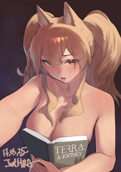 absurdres angelina_(arknights) animal_ears arknights artist_name blush boobs_in_book_(meme) book breasts brown_background brown_hair cleavage collarbone completely_nude covering_breasts covering_privates dated english_text fox_ears gradient_background highres holding holding_book large_breasts long_hair looking_at_viewer mkrk_mikaerukung nude open_book open_mouth red_eyes selfie sidelocks signature twintails upper_body