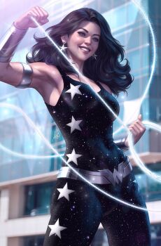 armlet belt black_bodysuit black_hair blue_eyes blurry blurry_background bodysuit bracer city day dc_comics depth_of_field donna_troy earrings grin highres holding_lasso jewelry lasso long_hair looking_at_viewer outdoors print_bodysuit silver_belt sleeveless sleeveless_bodysuit smile solo stanley_lau star_(symbol) star_earrings star_print textless_version wonder_girl wonder_woman_(series)