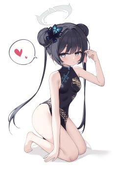 1girl absurdres bare_legs barefoot black_hair blue_archive breasts butterfly_hair_ornament china_dress chinese_clothes commentary_request double_bun dragon_print dress grey_eyes grey_halo hair_bun hair_ornament halo heart highres kisaki_(blue_archive) kneeling long_hair looking_at_viewer shi'er_jiang simple_background sleeveless sleeveless_dress small_breasts solo spoken_heart thighs toes twintails white_background