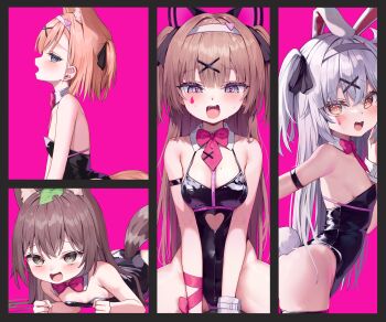 Rule 34 | 4girls, absurdres, animal ears, arm strap, bare shoulders, black leotard, black ribbon, blue eyes, bow, bowtie, breasts, brown eyes, brown hair, character request, clothing cutout, commentary request, cutout above navel, detached collar, facial mark, fake animal ears, fake tail, green eyes, grey eyes, grey hair, hair ornament, hair ribbon, hairband, heart, heart-shaped pupils, heart cutout, heart hair ornament, highleg, highleg leotard, highres, kyumi (mannack), leotard, light brown hair, long hair, looking at viewer, looking to the side, mannack, multiple girls, open mouth, orange hair, original, out-of-frame censoring, pink background, playboy bunny, rabbit-shaped pupils, rabbit ears, rabbit hole (vocaloid), rabbit tail, raku (mannack), red bow, red bowtie, ribbon, short hair, small breasts, smile, strapless, strapless leotard, sweat, symbol-shaped pupils, tail, teardrop facial mark, teeth, thighhighs, thighs, two side up, upper teeth only, white hairband, x hair ornament