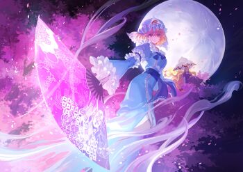 Rule 34 | 2girls, black footwear, blonde hair, blue headwear, blue kimono, breasts, cherry blossoms, dress, elbow gloves, floating, folding fan, frilled hat, frilled sleeves, frills, full moon, gloves, goshoguruma, hair ribbon, hakou (barasensou), hand fan, hat, highres, japanese clothes, kimono, long hair, long sleeves, looking at viewer, medium breasts, mob cap, moon, multiple girls, night, obi, oversized object, parted lips, petals, pink eyes, pink hair, purple dress, ribbon, saigyouji yuyuko, saigyouji yuyuko's fan design, sash, shippou (pattern), short hair, sitting, sky, smile, solo focus, touhou, tree, tress ribbon, triangular headpiece, umbrella, white gloves, white headwear, wide sleeves, wind, yakumo yukari