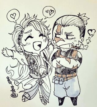 2boys ancient_greek_clothes apollo_(shuumatsu_no_valkyrie) arms_up beard belt belt_pouch boots chibi chibi_only cigar closed_eyes diamond_(shape) diamond_hair_ornament facial_hair facial_scar floral_print gem greco-roman_clothes greyscale hair_bun harness heart laurel_crown laurel_wreath leonidas_(shuumatsu_no_valkyrie) light_blush long_hair looking_at_another male_focus monochrome multicolored_hair multiple_boys navel obi open_mouth pants pouch revealing_clothes sandals sash scar scar_across_eye scar_on_arm scar_on_cheek scar_on_face scar_on_forehead scar_on_nose scars_all_over shirt short_hair shuumatsu_no_valkyrie smoking spoken_heart standing teeth toga too_many two-tone_hair very_long_hair yaoi