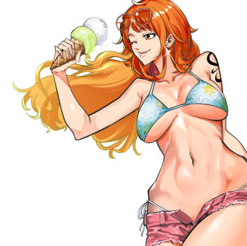 Rule 34 | 1girl, ;p, bikini, blue bikini, breasts, commentary, earrings, eyewear on head, food, glint, highres, holding, holding food, holding ice cream, holding ice cream cone, ice cream, ice cream cone, jewelry, large breasts, long hair, looking to the side, nadainishi, nami (one piece), navel, one eye closed, one piece, open fly, orange hair, pink shorts, short shorts, shorts, shoulder tattoo, simple background, solo, stomach, sunglasses, swimsuit, tattoo, tongue, tongue out, white background