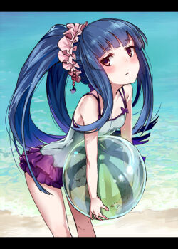 Rule 34 | 10s, 1girl, alternate hairstyle, ball, beachball, blue hair, female focus, idolmaster, idolmaster cinderella girls, long hair, nemeko, parted lips, ponytail, red eyes, sajo yukimi, solo, swimsuit
