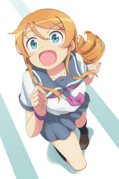 1girl absurdres black_socks blue_eyes brown_shoes commentary english_commentary fang from_above full_body grey_sailor_collar grey_skirt hair_ornament hairclip highres kousaka_kirino kousaka_kirino&#039;s_school_uniform loafers long_hair neckerchief open_mouth orange_hair ore_no_imouto_ga_konna_ni_kawaii_wake_ga_nai parallel_hairclips pleated_skirt purple_neckerchief purple_scrunchie sailor_collar scarletsky school_uniform scrunchie shirt shoes skirt smile socks solo white_background white_shirt wrist_scrunchie