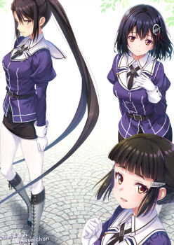 Rule 34 | 3girls, black hair, black skirt, blunt bangs, boots, braid, braided bun, breasts, brown eyes, brown hair, collared shirt, commentary request, dress shirt, full body, gloves, grey boots, haguro (kancolle), haguro kai ni (kancolle), hair bun, hair ornament, hairclip, ishihara masumi, jacket, kantai collection, long hair, medium breasts, military uniform, multiple girls, myoukou (kancolle), myoukou kai ni (kancolle), nachi (kancolle), nachi kai ni (kancolle), pantyhose, pencil skirt, profile, purple jacket, sailor collar, shirt, shoes, short hair, simple background, skirt, thick eyebrows, upper body, very long hair, white background, white glovds, white gloves, white pantyhose, white sailor collar, white shirt