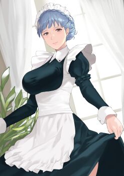 1girl alternate_costume apron black_dress blue_hair braid breasts brown_eyes closed_mouth crown_braid curtains curtsey dress enmaided female_focus fire_emblem fire_emblem:_three_houses highres indoors j@ck large_breasts long_sleeves looking_at_viewer maid maid_apron maid_headdress marianne_von_edmund marianne_von_edmund_(timeskip) nintendo puffy_long_sleeves puffy_sleeves skirt_hold solo underbust white_apron window