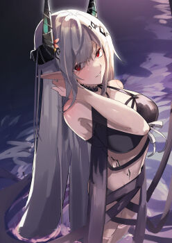 1girl 80illu absurdres arknights bare_shoulders bikini black_bikini black_horns breasts flower grey_hair hair_flower hair_ornament highres horns infection_monitor_(arknights) long_hair looking_at_viewer material_growth mudrock_(arknights) mudrock_(silent_night)_(arknights) official_alternate_costume oripathy_lesion_(arknights) pointy_ears red_eyes solo stomach swimsuit wading water