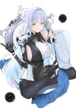 1girl absurdres blush breasts colored_eyelashes commentary earrings eomung goddess_of_victory:_nikke grey_hair highres huge_breasts jewelry large_breasts long_hair looking_at_viewer mechanical_arms mole nayuta_(nikke) pantyhose sideboob single_mechanical_arm solo thick_eyelashes very_long_hair white_eyelashes white_hair