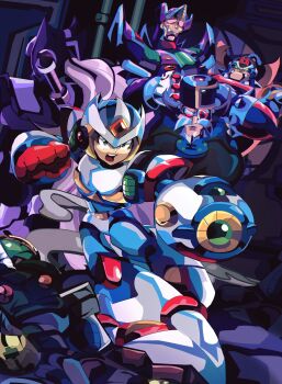 Rule 34 | 5boys, absurdres, arm cannon, armor, character request, facial hair, forehead jewel, group picture, helmet, highres, male focus, mega man (series), mega man x3, mega man x (series), multiple boys, mustache, purple armor, purple helmet, saturnserkel, third armor x (mega man), weapon, white armor, white helmet, x (mega man), zero (mega man)
