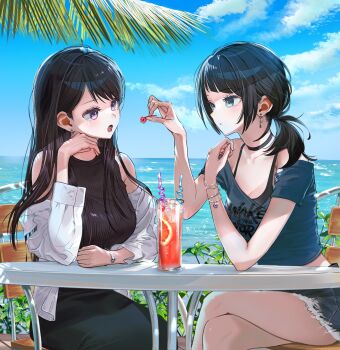 2girls alternate_hairstyle bang_dream! bang_dream!_it&#039;s_mygo!!!!! black_hair black_shirt black_skirt black_tank_top blue_eyes blue_shirt bracelet breasts cleavage closed_mouth collarbone commentary commission crossed_legs cup day earrings english_commentary feeding highres jacket jewelry long_hair looking_at_another low_ponytail medium_breasts medium_hair midriff_peek mole mole_under_eye multiple_girls ocean off_shoulder open_clothes open_jacket open_mouth outdoors ponytail purple_eyes shared_drink shiina_taki shirt sitting skirt sleeveless sleeveless_shirt slice_of_life tank_top white_jacket yahata_umiri yuri zihacheol