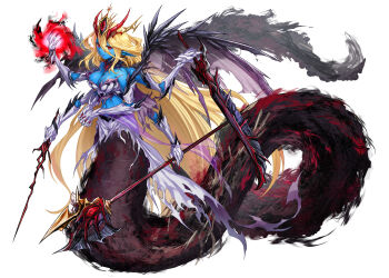 1girl absurdres blonde_hair blue_skin breasts colored_skin commentary_request extra_arms fantasy full_body hair_between_eyes highres holding holding_polearm holding_sword holding_wand holding_weapon horns ippei_ipip lamia large_breasts long_hair long_pointy_ears looking_at_viewer magic monster_girl original own_hands_clasped own_hands_together pointy_ears polearm red_eyes solo sword torn_clothes torn_wings very_long_hair wand weapon white_background wings