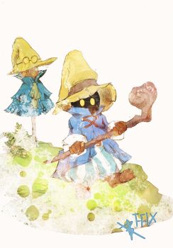 1boy brown_gloves brown_shoes commentary_request copyright_name final_fantasy final_fantasy_ix gloves hat high_collar holding holding_staff long_sleeves male_focus pants puffy_pants ruka_(blueplus84) scarecrow shoes solid_circle_eyes solo staff striped_clothes striped_pants vertical-striped_clothes vertical-striped_pants vivi_ornitier witch_hat wooden_staff yellow_eyes yellow_hat