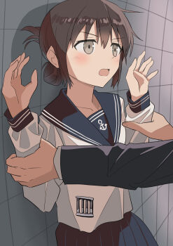 1boy 1girl absurdres black_sailor_collar black_skirt brown_eyes brown_hair commentary_request folded_ponytail haida_katsuretsu highres inazuma_(kancolle) kantai_collection pleated_skirt restrained sailor_collar shirt skirt solo_focus tile_wall tiles w_arms white_shirt