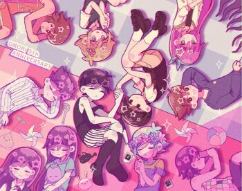 3girls 6+boys anniversary antenna_hair arm_behind_head arm_up aubrey_(faraway)_(omori) aubrey_(headspace)_(omori) aubrey_(omori) ball basil_(faraway)_(omori) basil_(headspace)_(omori) basil_(omori) black_eyes black_hair black_shoes black_shorts black_socks black_sweater_vest black_tank_top blonde_hair blue_eyes blue_hairband blue_overalls blue_pajamas blue_sweater blush bright_pupils brother_and_sister brothers brown_hair checkered_blanket checkered_clothes closed_eyes closed_mouth collared_pajamas collared_shirt colored_skin commentary copyright_name crop_top dark-skinned_male dark_skin double-parted_bangs dual_persona english_commentary flower_wreath forest_bunny_(omori) green_shirt green_sweater_vest grin hair_between_eyes hairband head_wreath hero_(faraway)_(omori) hero_(headspace)_(omori) hero_(omori) holding holding_hands holding_stuffed_toy interlocked_fingers jacket kel_(faraway)_(omori) kel_(headspace)_(omori) kel_(omori) knife loafers long_hair long_sleeves looking_at_another lying mari_(faraway)_(omori) mari_(headspace)_(omori) mari_(omori) mewo mr._plantegg_(omori) multicolored_pajamas multicolored_shorts multiple_boys multiple_girls neckerchief omori omori_(omori) on_back on_side open_clothes open_jacket open_mouth orange_shorts overall_shorts overalls pajamas parted_lips photo_(object) pink_hair pinwheel purple_hair purple_shorts red_neckerchief shirt shoes short-sleeved_jacket short_hair short_sleeves shorts siblings sidelocks smile socks something_(omori) spatula sprout_mole striped_clothes striped_pajamas striped_shorts stuffed_animal stuffed_eggplant stuffed_toy sunny_(omori) sweater sweater_vest t-shirt tank_top teeth triangle_mouth two-tone_pajamas two-tone_shorts vertical-striped_clothes vertical-striped_pajamas vertical-striped_shorts white_jacket white_pajamas white_pupils white_shirt white_shorts white_skin white_socks yo_(wetpotatosunsun)