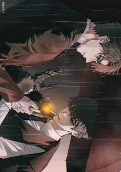 28ente 2boys black_coat black_eyes black_gloves black_hair black_necktie black_vest breath brown_eyes cigarette coat collared_shirt commentary english_commentary gloves hand_up highres holding holding_lighter holding_umbrella kim_dokja lighter male_focus multiple_boys necktie omniscient_reader&#039;s_viewpoint outdoors rain scar scar_on_face scar_on_mouth shirt short_hair umbrella upper_body vest white_shirt yoo_joonghyuk