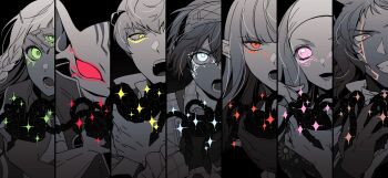 Rule 34 | 3girls, 4boys, :d, :o, absurdres, basilio (metaphor: refantazio), black background, column lineup, eupha (metaphor: refantazio), facial mark, glowing, glowing eyes, green eyes, grin, hairband, hashtag-only commentary, heismay (metaphor: refantazio), highres, holding, horns, hulkenberg (metaphor: refantazio), junah (metaphor: refantazio), lella nyam, long hair, looking at viewer, metaphor: refantazio, multiple boys, multiple girls, open mouth, orange eyes, pink eyes, plaid clothes, pointy ears, protagonist (metaphor: refantazio), red eyes, short hair, smile, solid eyes, spot color, strohl (metaphor: refantazio), third eye, white eyes, yellow eyes