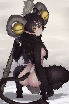 1girl absurdres bertolt_hoover black_hair breasts character_request copyright_request ekrea_jan extra_eyes highres holding holding_staff horizontal_pupils horns long_hair looking_at_viewer medium_breasts monster_girl pointy_ears squatting staff tail