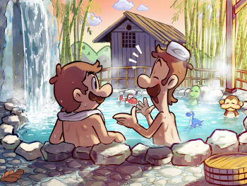 2boys :d ^_^ bamboo bamboo_forest bathhouse black_eyes blush brothers brown_hair bucket closed_eyes cloud dorrie facial_hair fence forest hands_up highres hill leaf looking_at_another luigi male_focus mario mario_&amp;_luigi_rpg mario_(series) masanori_sato_(style) monkey multiple_boys mustache nature nintendo notice_lines onsen open_mouth orange_sky outdoors partially_submerged pea_(mario) red_yoshi rock same-sex_bathing shared_bathing short_hair siblings sky smile steam topless_male towel towel_around_neck towel_on_head ukiki water waterfall wet wooden_bucket yamari_(ya_mari_6363) yoshi