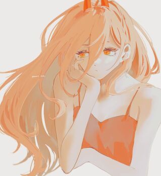 Rule 34 | 1girl, :/, artist name, bare arms, bare shoulders, camisole, chainsaw man, closed mouth, cross-shaped pupils, hair between eyes, highres, horns, ice morinaka, long hair, pink hair, power (chainsaw man), red camisole, red horns, simple background, solo, symbol-shaped pupils, upper body, white background, yellow eyes