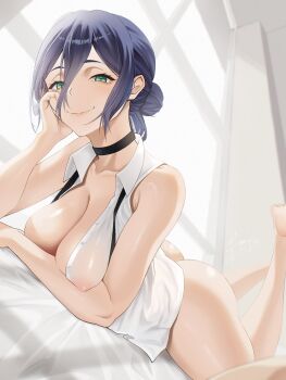 1boy 1girl ass barefoot black_choker black_hair breasts chainsaw_man choker cleavage closed_mouth collared_shirt commentary covered_erect_nipples elbow_rest feet_up green_eyes hair_between_eyes hair_bun hakua_(hka_art) head_rest highres large_breasts long_hair_between_eyes looking_at_viewer lying naked_shirt nipples on_bed on_stomach pov_across_bed reze_(chainsaw_man) see-through_clothes see-through_shirt shirt simple_background single_hair_bun sleeveless sleeveless_shirt smile solo_focus white_shirt