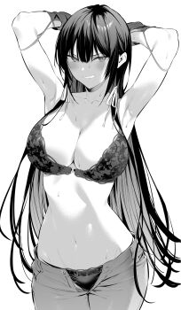 1girl armpits arms_up bra breasts cleavage collarbone greyscale hair_ornament hair_ribbon haite_kudasai_takamine-san highres hiiragi_yuuichi large_breasts long_hair looking_at_viewer monochrome navel original panties pants panty_peek parted_lips ribbon smile solo stomach takamine_takane underwear