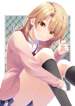 1girl absurdres atelier_z44 black_socks blush border brown_eyes brown_hair cardigan chain-link_fence closed_mouth commentary_request feet_out_of_frame fence highres hugging_own_leg isshiki_iroha kneehighs long_sleeves looking_at_viewer medium_hair miniskirt neck_ribbon outdoors outline outside_border pink_cardigan plaid_clothes plaid_skirt playing_with_own_hair pleated_skirt red_ribbon ribbon school_uniform sitting skirt sobu_high_school_uniform socks solo thighs white_border white_outline winter_uniform yahari_ore_no_seishun_lovecome_wa_machigatteiru.