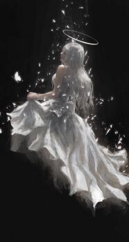 Rule 34 | 1girl, arai bokuseki, bangle, bracelet, brown eyes, bug, butterfly, clothes lift, commentary request, dress, dress lift, floating, glass shards, halo, highres, insect, jewelry, long hair, original, solo, spaghetti strap, torn clothes, underwater, white dress, white hair