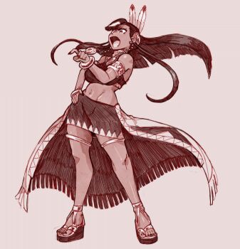 1girl armlet feather_hair_ornament feathers full_body hair_ornament hand_on_own_hip jewelry midriff open_mouth platform_sandals sandals sepia solo sonic_(series) sonic_and_the_blade_of_courage standing thekkm thighlet