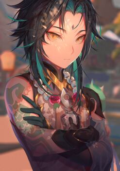 1boy aqua_hair arm_tattoo black_hair blurry blurry_background chinese_clothes closed_mouth commentary crossed_arms detached_sleeves diamond-shaped_pupils diamond_(shape) english_commentary eyeshadow facial_mark forehead_mark genshin_impact gloves green_gloves heikokuru1224 highres in-universe_location jewelry lantern long_sleeves looking_at_viewer makeup male_focus mandarin_collar multicolored_hair necklace outdoors pearl_necklace red_eyeshadow shirt short_hair shoulder_spikes sidelocks single_bare_shoulder single_detached_sleeve sleeveless sleeveless_shirt solo spikes symbol-shaped_pupils tassel tattoo two-tone_hair white_shirt white_sleeves wide_sleeves xiao_(genshin_impact) yellow_eyes