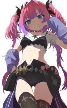 1girl :3 absurdres backlighting black_shorts black_thighhighs blue_eyes blue_sleeves breasts closed_mouth commentary detached_sleeves highres hololive hololive_dev_is kikirara_vivi kikirara_vivi_(1st_costume) long_hair long_sleeves looking_at_viewer medium_breasts multicolored_hair navel pink_hair purple_hair recklessdraw short_shorts short_sleeves shorts simple_background solo thigh_gap thighhighs twintails two-tone_hair v-shaped_eyebrows virtual_youtuber white_background