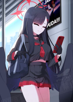 1girl absurdres ahoge bag bare_legs black_choker black_gloves black_hair black_sailor_collar black_serafuku black_shirt black_skirt black_wings blue_archive blunt_bangs breasts cellphone choker closed_eyes closed_mouth commentary cowboy_shot crop_top crop_top_overhang gloves hair_ornament hairclip halo high-waist_skirt highres holding holding_phone ichika_(blue_archive) indoors light_smile long_hair long_sleeves medium_breasts midriff midriff_peek miniskirt neckerchief phone pleated_skirt poster_(object) red_halo red_neckerchief sailor_collar school_bag school_uniform serafuku shirt skirt smartphone solo tost_(cloi123) watermark window wings