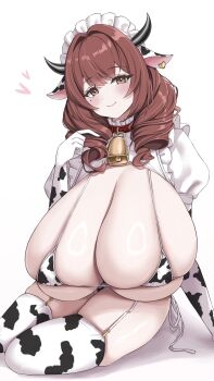 1girl animal_ears animal_print azur_lane belt_collar bikini blush breasts brown_eyes choker cleavage collar comotaro cow_ears cow_horns cow_print cow_print_bikini cow_print_gloves cow_print_thighhighs cowbell cowpens_(azur_lane) cowpens_(milky_ministrations)_(azur_lane) drill_hair drill_sidelocks earrings elbow_gloves garter_straps gigantic_breasts gloves hair_over_shoulder heart heart_earrings horns jewelry lips maid_headdress medium_hair micro_bikini mole mole_under_eye neck_bell print_bikini print_gloves print_thighhighs red_choker red_hair shrug_(clothing) sidelocks sitting skindentation smile solo swimsuit thighhighs white_background white_headdress white_shrug