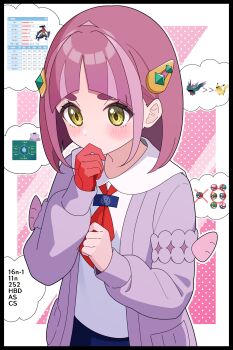 1girl absurdres arched_bangs blush cardigan collared_shirt commentary_request ditto flutter_mane garchomp gen_1_pokemon gen_4_pokemon gloves hair_ornament hairclip highres lacey_(pokemon) nintendo odorukaminoke outline pants pikachu pokemon pokemon_sv purple_cardigan purple_hair red_gloves shirt single_glove solo thinking white_shirt yellow_eyes