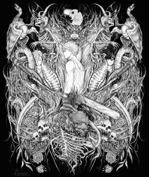 1girl 2boys absurdres animal_skeleton bird black_hair black_necktie blood bloody_tears chainsaw_devil chainsaw_man closed_eyes demon_horns denji_(chainsaw_man) dress_shirt eyeball flower greyscale gun_fiend_(chainsaw_man) hayakawa_aki highres horns katana looking_to_the_side marvin_(omarvin) monochrome multiple_boys necktie pochita_(chainsaw_man) power_(chainsaw_man) rose scythe shirt signature skeleton skull spine sword tank_top tentacles vulture weapon white_shirt