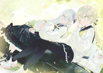Rule 34 | 2girls, aida (chinhung0612), azusa (blue archive), black pantyhose, blonde hair, blue archive, bow, commentary, hair bow, hair ornament, hairband, halo, hifumi (blue archive), highres, long hair, multiple girls, one eye closed, open mouth, pantyhose, ponytail, purple eyes, school uniform, sitting, skirt, smile, sweater, untranslatable commentary, white hair, yellow eyes