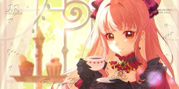 Rule 34 | 1girl, absurdres, black choker, black gloves, blunt bangs, bow, brown eyes, cherry, chinese commentary, choker, closed mouth, commentary request, commission, cup, cupcake, curtains, dot nose, double bun, drinking, earrings, eyelashes, flower, flower earrings, food, frilled choker, frilled shirt collar, frills, fruit, gloves, gold necklace, hair bow, hair bun, hair intakes, happy, heart, hexagram, highres, holding, holding cup, holding saucer, indoors, infinity nikki, jewelry, jimijimi0414, lace-trimmed bow, lace trim, light particles, long hair, loose hair strand, morning, necklace, nikki (nikki), nikki (series), pink bow, pink hair, pleated sleeves, red shirt, sample watermark, saucer, shirt, short sleeves, sidelocks, sky, smile, solo, square neckline, star (symbol), star choker, tea, teacup, threads of reunion (infinity nikki), tree, upper body, very long hair, watermark, watermark grid, wavy hair, white flower, window, yellow sky