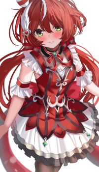 1girl ame_sagari animal_ears black_pantyhose blush bow breasts choker closed_mouth commentary_request dress ear_covers ear_ornament feather_hair_ornament feathers green_eyes hair_between_eyes hair_ornament highres horse_ears horse_girl horse_tail long_hair looking_at_viewer low_twintails pantyhose red_bow red_dress red_hair simple_background skirt sleeveless sleeveless_dress small_breasts smile solo tail twintails umamusume white_background white_skirt win_variation_(dramatic_tutu)_(umamusume) win_variation_(umamusume)