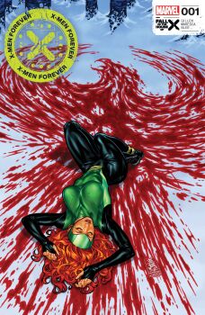 1girl absurdres black_bodysuit blood blood_on_snow bodysuit breasts closed_eyes comic_cover copyright_name cover cover_page english_text forehead_protector green_bodysuit highres jean_grey large_breasts logo long_hair lying mark_brooks marvel multicolored_bodysuit official_art on_back orange_hair outdoors parted_lips phoenix_(x-men) signature snow solo superhero_costume tree x-men