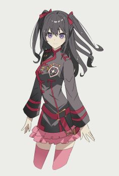 1girl absurdres badge belt black_hair black_jacket black_order_uniform chain cross d.gray-man floating_hair george_man gold_chain grey_background hair_between_eyes hair_ribbon highres jacket lenalee_lee light_smile long_hair long_sleeves looking_at_viewer military military_uniform miniskirt pink_skirt pink_thighhighs pleated_skirt purple_eyes red_belt red_ribbon ribbon sidelocks simple_background skirt smile solo striped_clothes striped_jacket thighhighs thighs two_side_up vertical-striped_clothes vertical-striped_jacket zettai_ryouiki