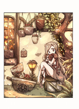 Rule 34 | 1girl, absurdres, animal ears, barefoot, border, brown dress, brown eyes, brown hair, cart, cat ears, chipie 0114, commentary request, dress, highres, holding, holding stuffed toy, lantern, leg ribbon, long hair, original, outdoors, plant, potted plant, ribbon, sitting, stuffed animal, stuffed toy, white border, wide shot, window