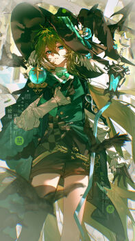 1girl absurdres aqua_bow aqua_bowtie aqua_eyes aqua_flower bird black_bird black_feathers bow bowtie brown_gloves brown_hair brown_hat brown_shorts brown_thighhighs cape chromatic_aberration crossed_bangs crow day eyelashes falling_feathers feathered_wings feathers flower frills gloves green_cape hair_between_eyes hat hat_flower hat_ornament head_wings highres large_hat light_particles long_hair long_sleeves looking_at_viewer ne_muri original parted_lips shorts sidelocks single_thighhigh solo sparkle standing sunlight thighhighs very_long_hair watermark white_flower white_wings wings witch witch_hat